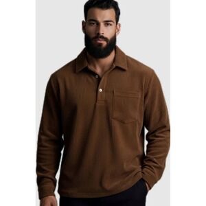 Men's Brown Ribbed Corduroy-Look Long Sleeve Polo | Lightweight XL